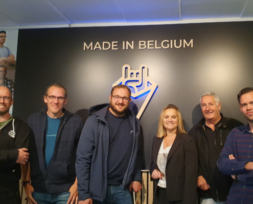 AUDIOFOCUS CEO Ann Leroy with Audio Acoustics team members at AUDIOFOCUS HQ in Achêne, Belgium. From left to right: Erik Mertens, Sjoerd Wierda, Jorg de Haan, Ann Leroy, Wilbert Montens, Dico ter Maten.